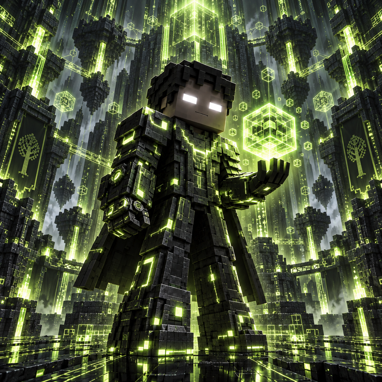 Herobrine in dark armour with luminous white eyes, holding a lime voxel cube in a monumental stone hall.