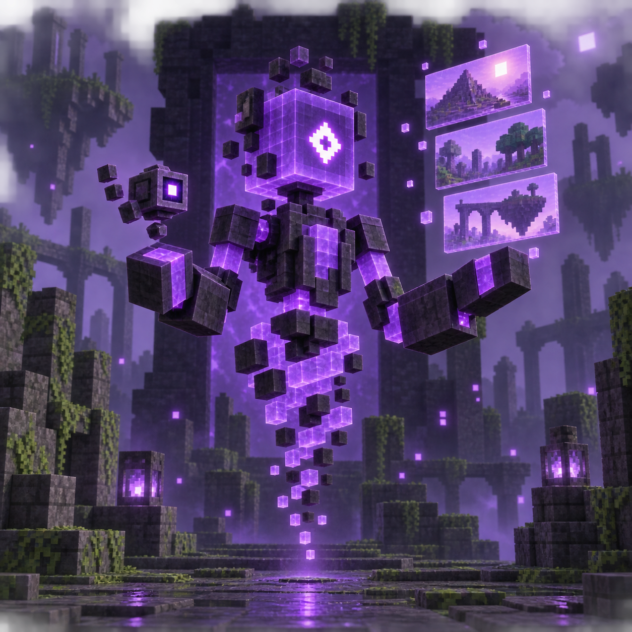 Vela, a floating purple voxel entity directing luminous scenes in a ruined world.